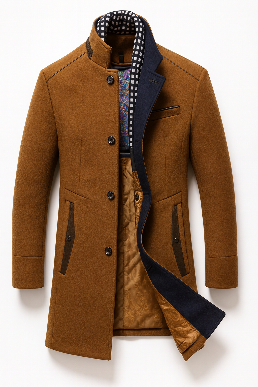 Men's Wool Blend Overcoat – Stand Collar Winter Design