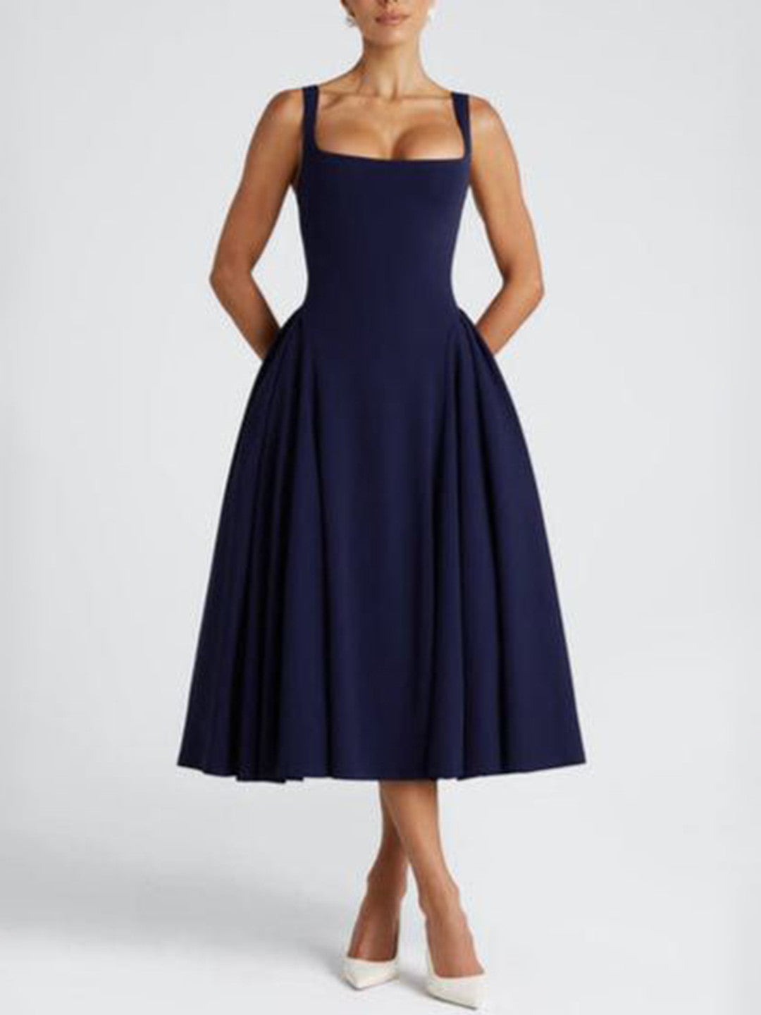 Women's Square Neck Midi Dress – Elegant Fit & Flare Occasion Style