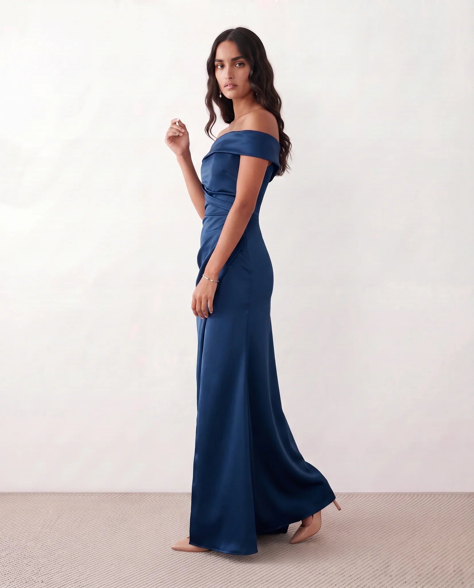 Glossy Off Shoulder Maxi Dress