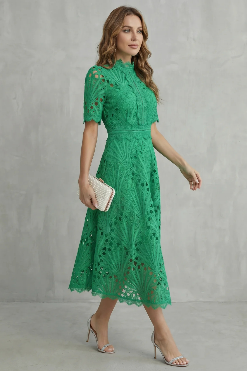 Women's High Neck Lace Midi Dress – Elegant A-Line Occasion Style