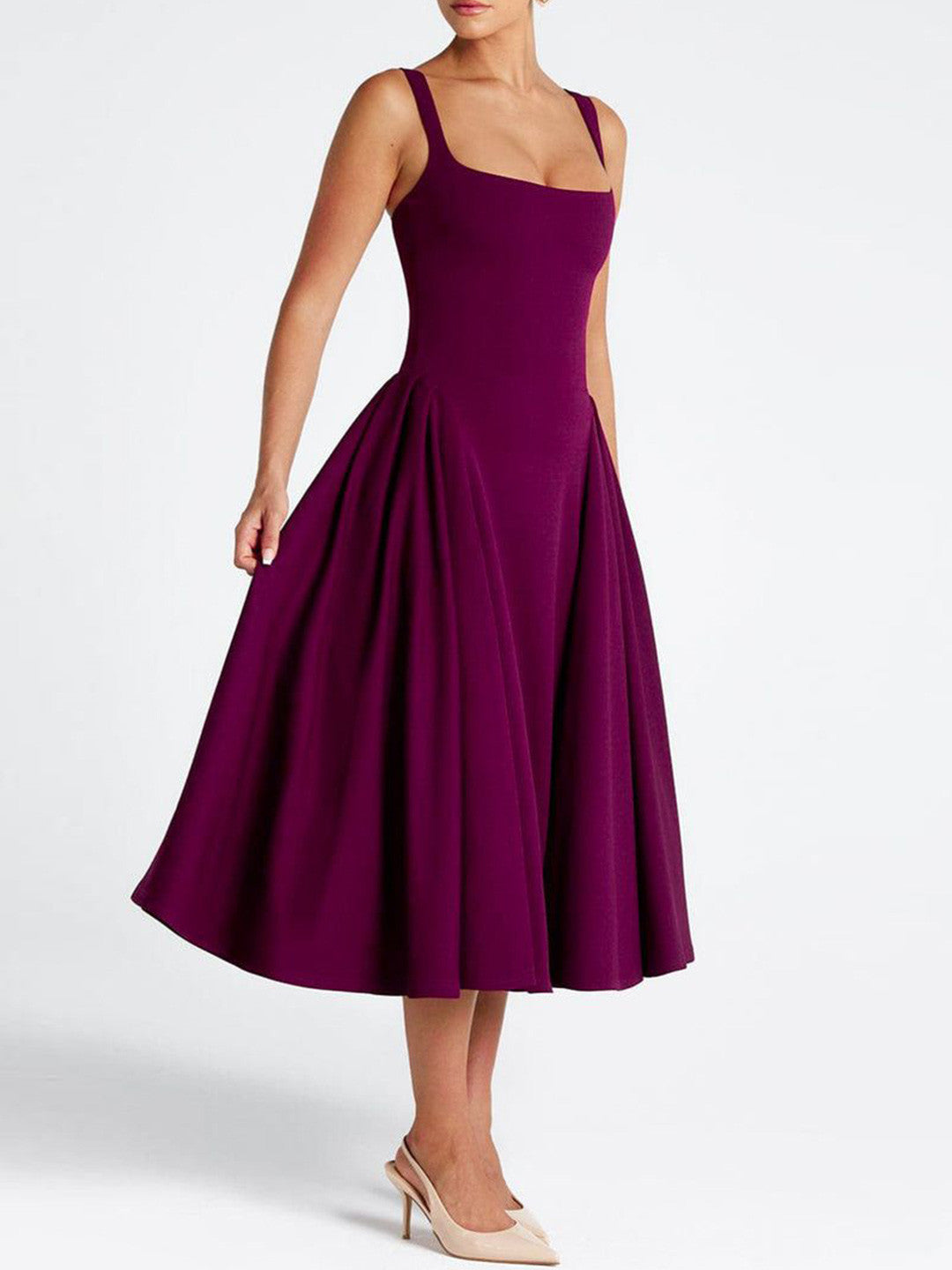 Women's Square Neck Midi Dress – Elegant Fit & Flare Occasion Style