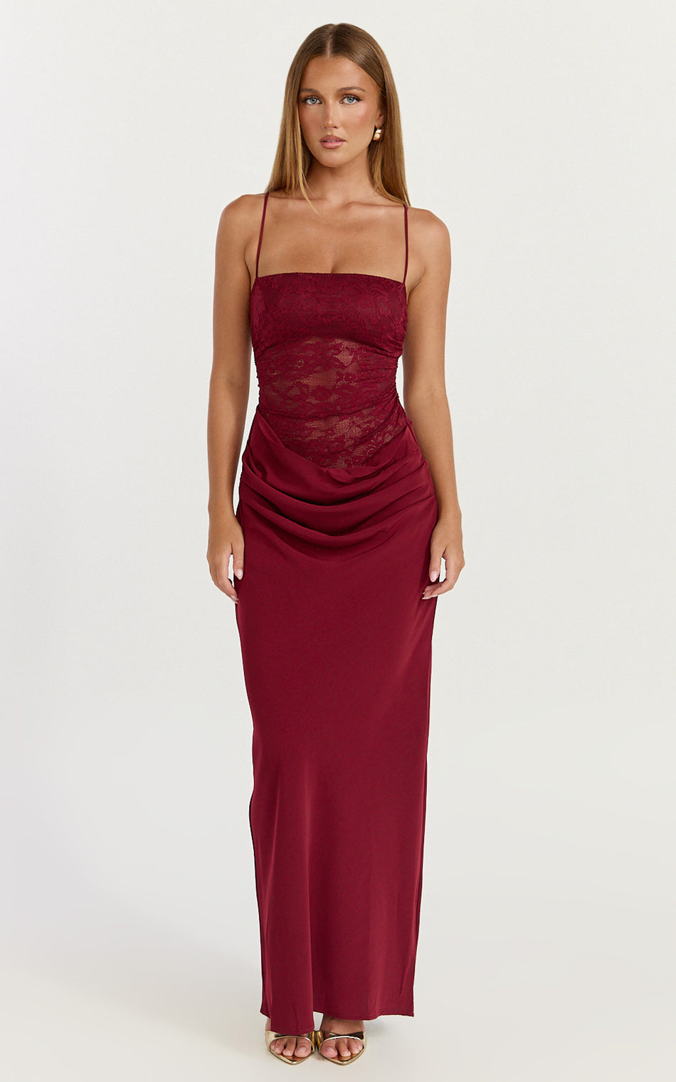 Women's Lace & Satin Maxi Dress – Elegant Draped Occasion Style