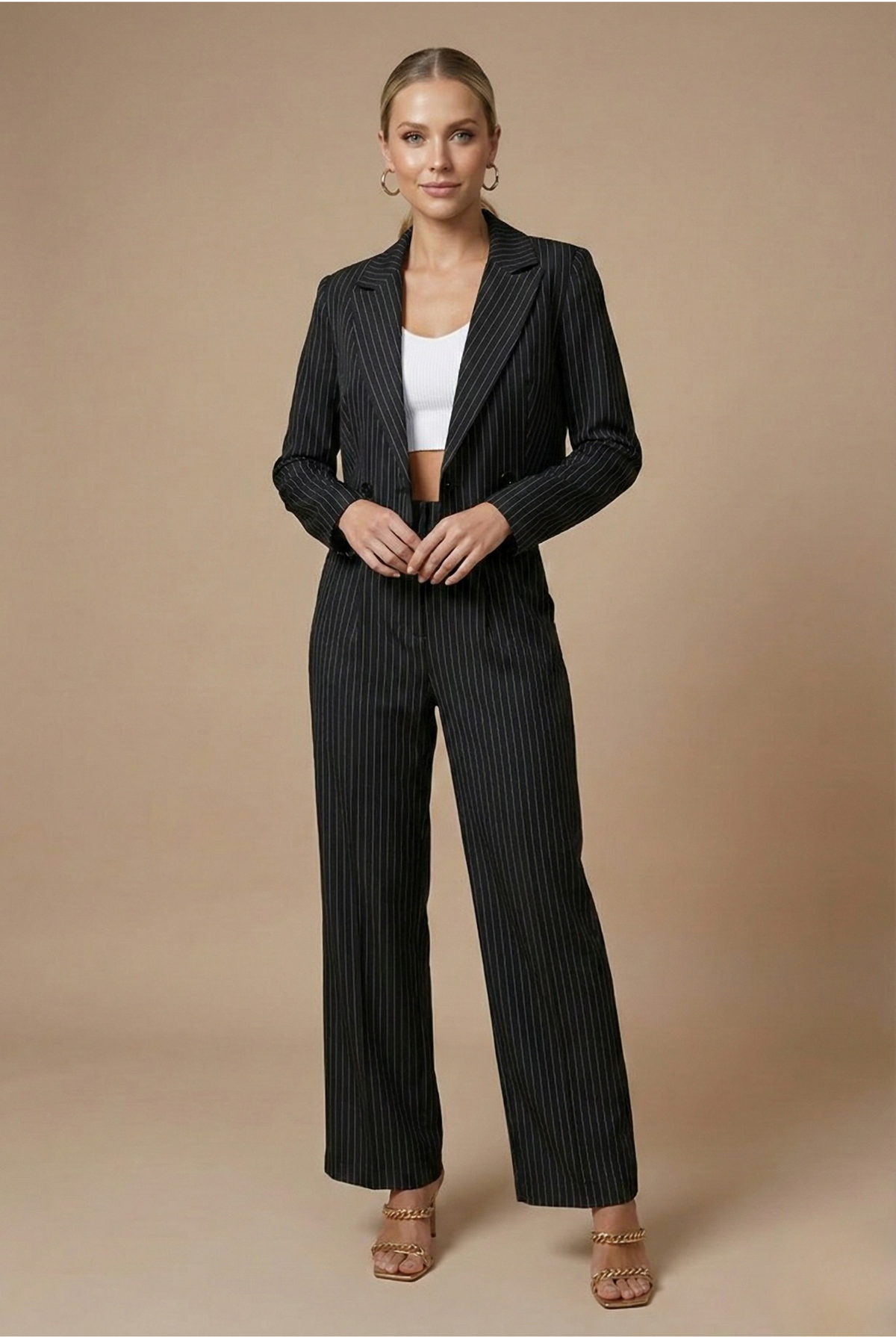 Women’s Pinstripe Two Piece Trouser Suit with Cropped Blazer and Wide Leg Trousers