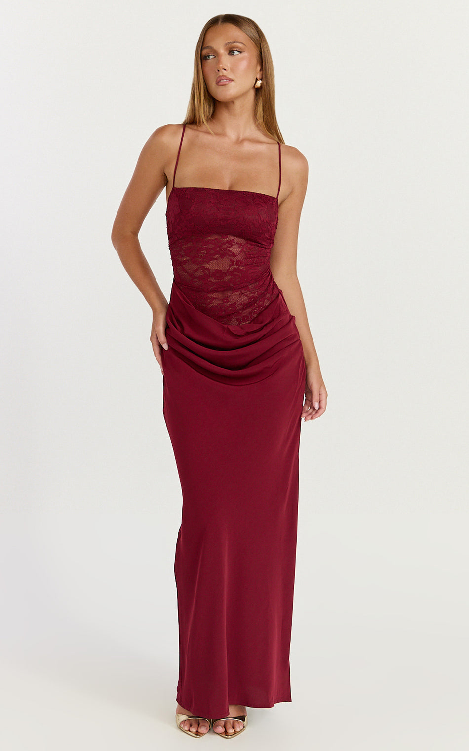 Women's Lace & Satin Maxi Dress – Elegant Draped Occasion Style
