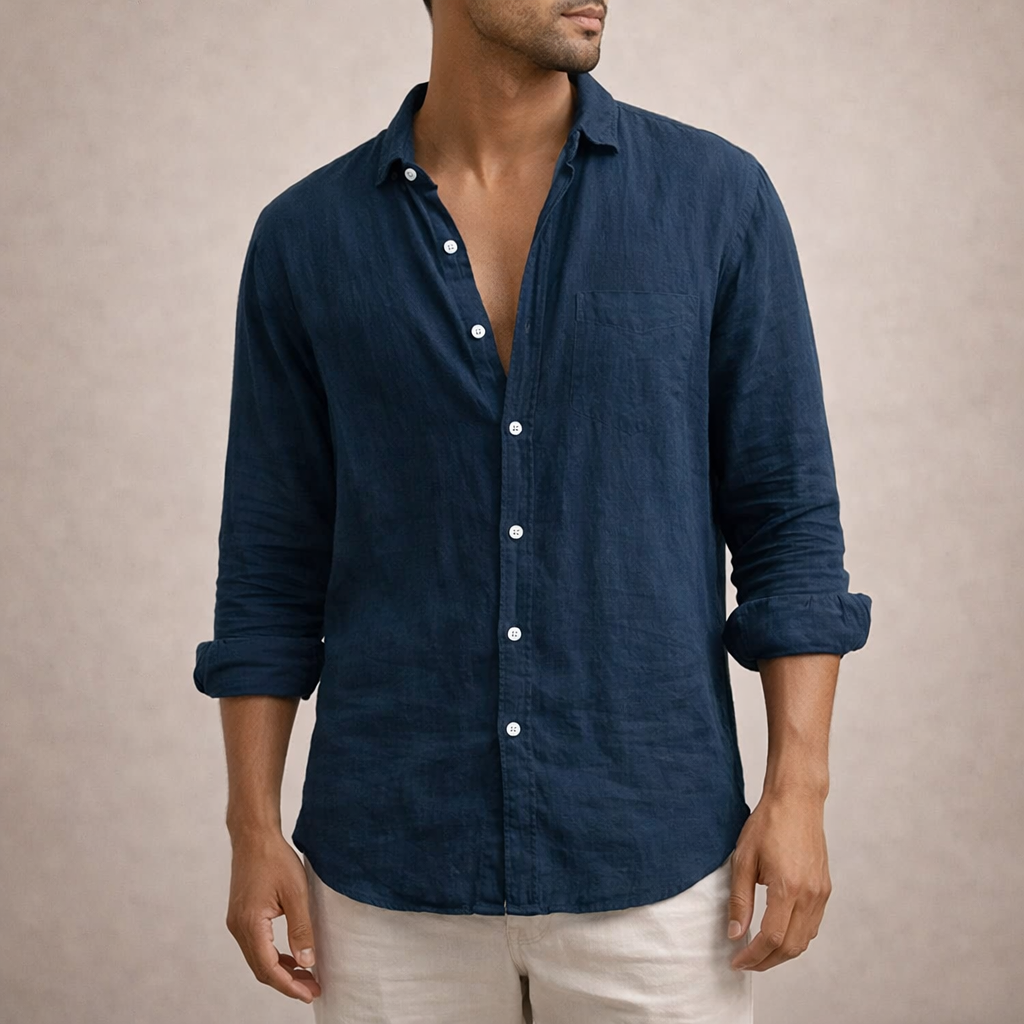 Men's Linen Shirt with Open Collar, Long Sleeve