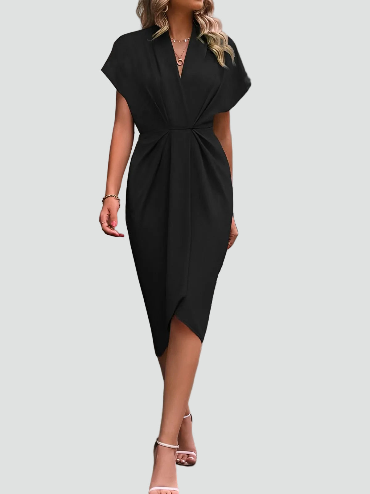 Women's Draped Wrap Midi Dress – Elegant Ruched Occasion Style