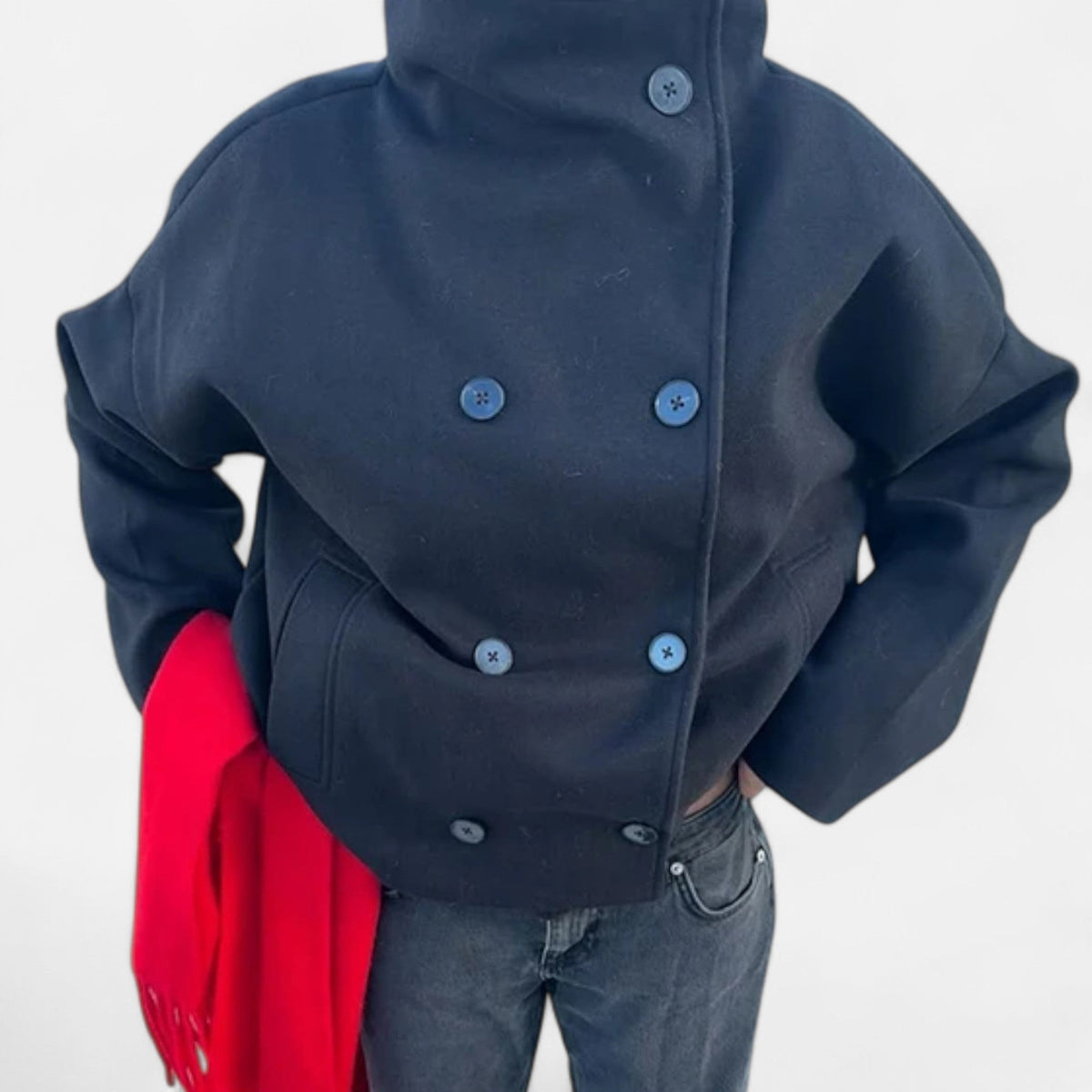 Women's High Collar Short Coat – Double Button Relaxed Design