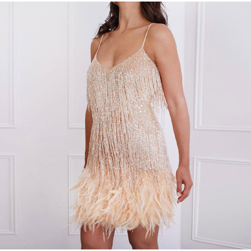 Women's Fringe & Feather Mini Dress – Elegant Evening Cocktail Style