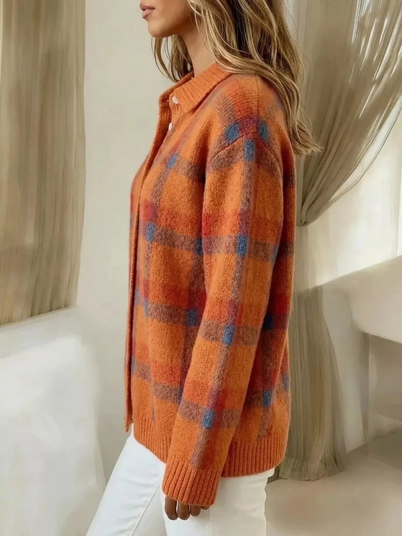 Women's Orange Checked Button-Up Cardigan – Relaxed Knit Jacket
