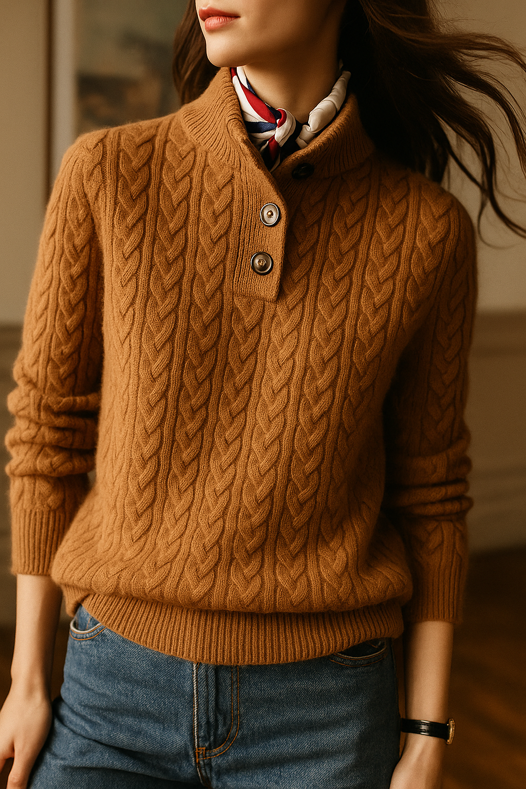 Women's Cable Knit Jumper – Button Neck Regular Fit