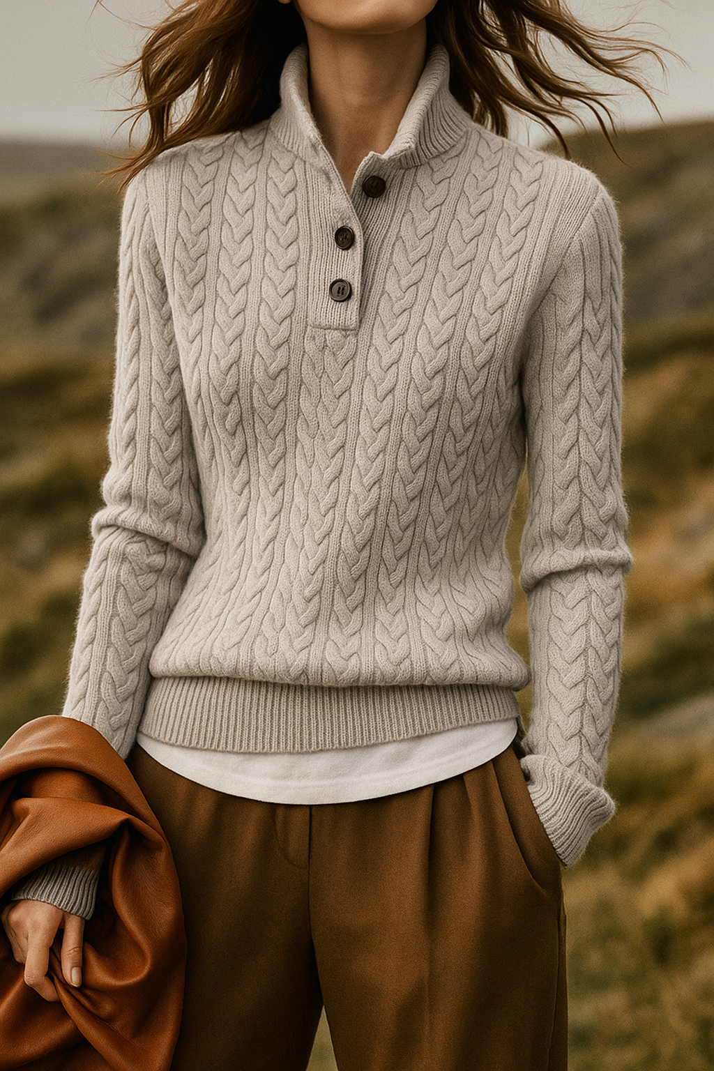 Women's Cable Knit Jumper – Button Neck Regular Fit