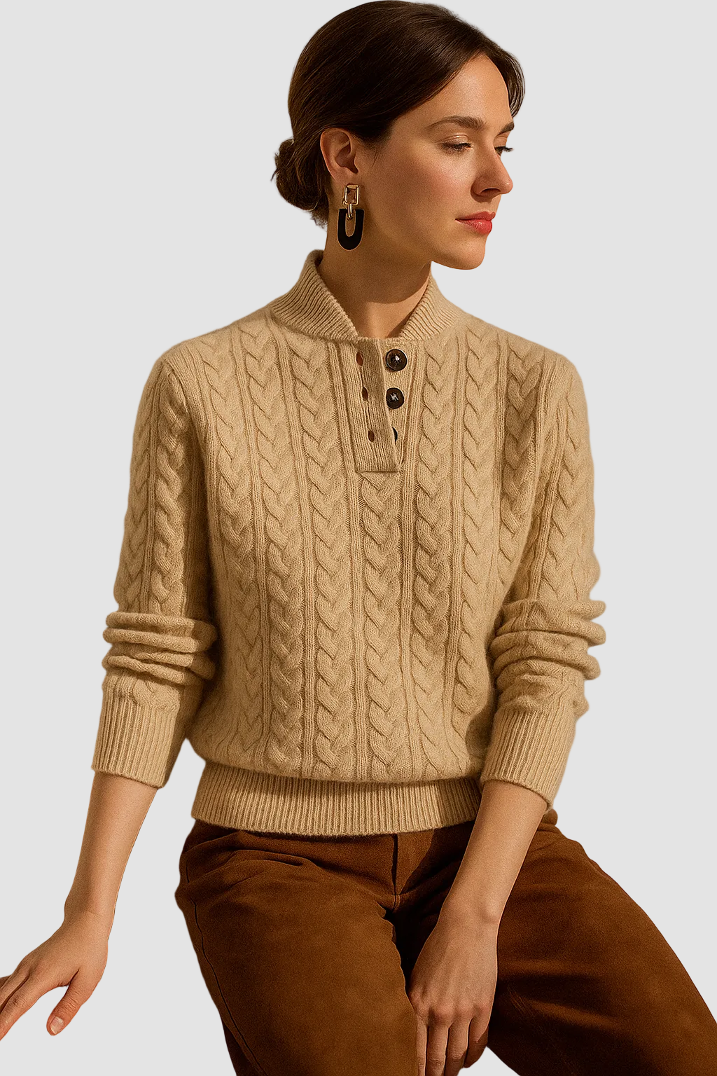 Women's Cable Knit Jumper – Button Neck Regular Fit