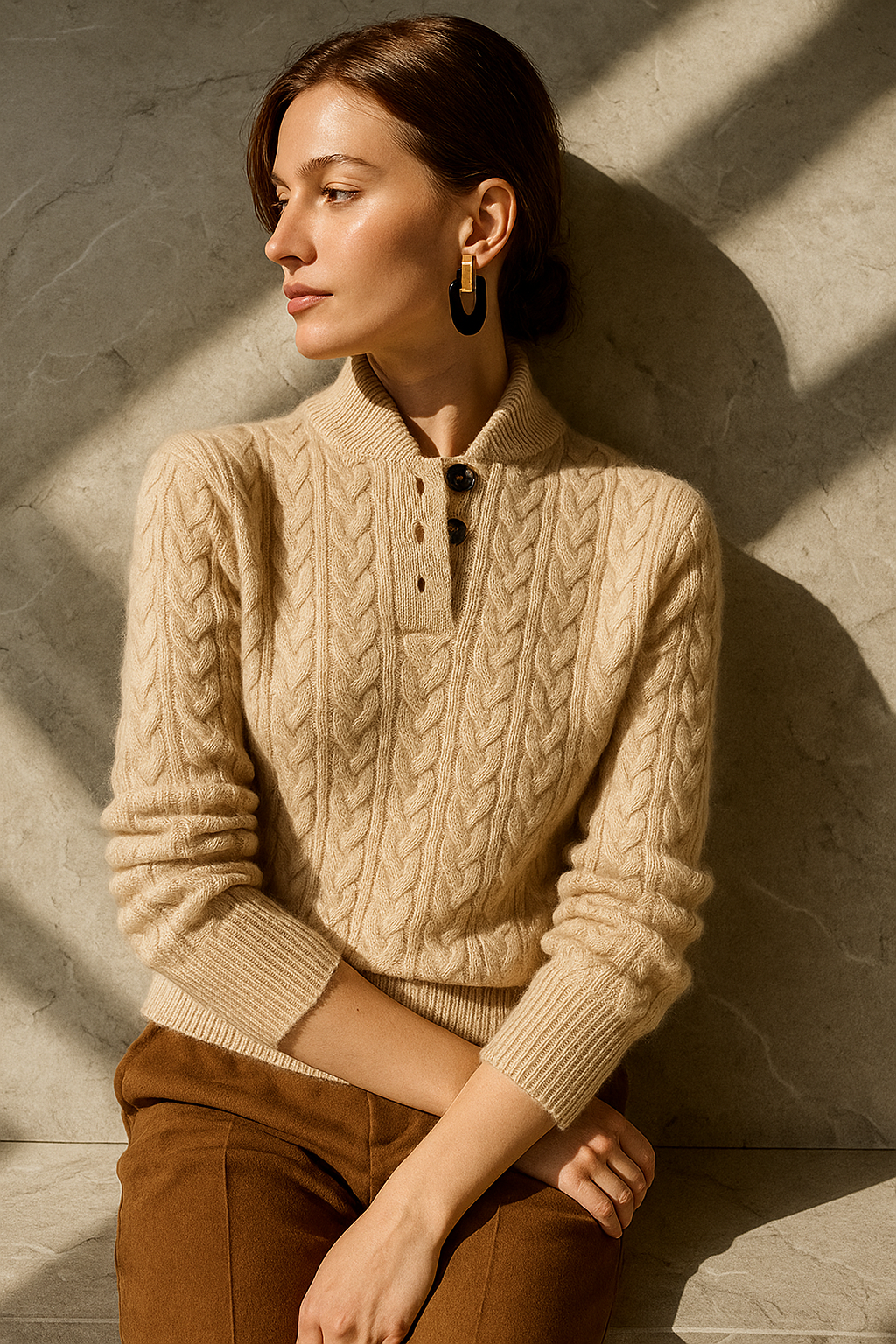 Women's Cable Knit Jumper – Button Neck Regular Fit