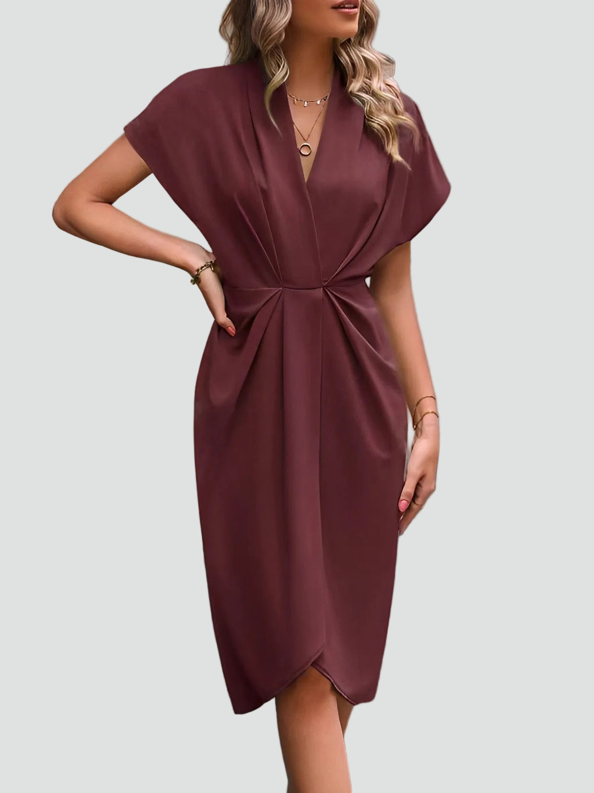 Women's Draped Wrap Midi Dress – Elegant Ruched Occasion Style