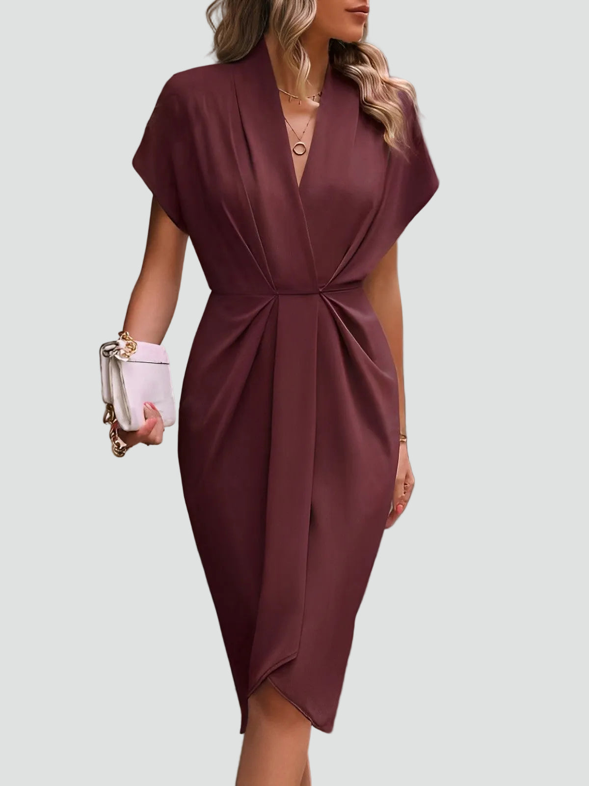 Women's Draped Wrap Midi Dress – Elegant Ruched Occasion Style