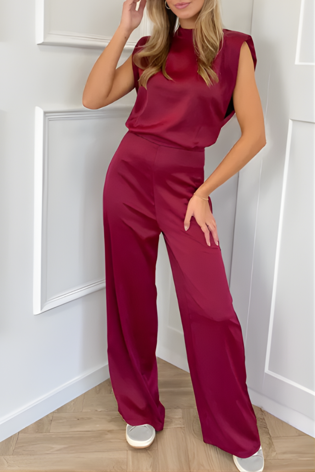Women's Wide Leg Jumpsuit, High Neck Sleeveless