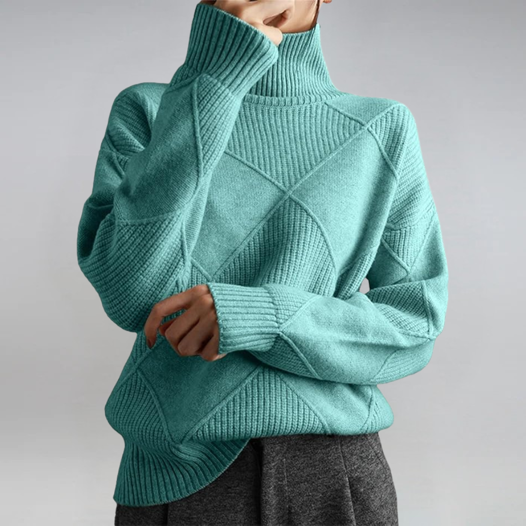Women’s Turtleneck Knit Jumper – Geometric Textured Design