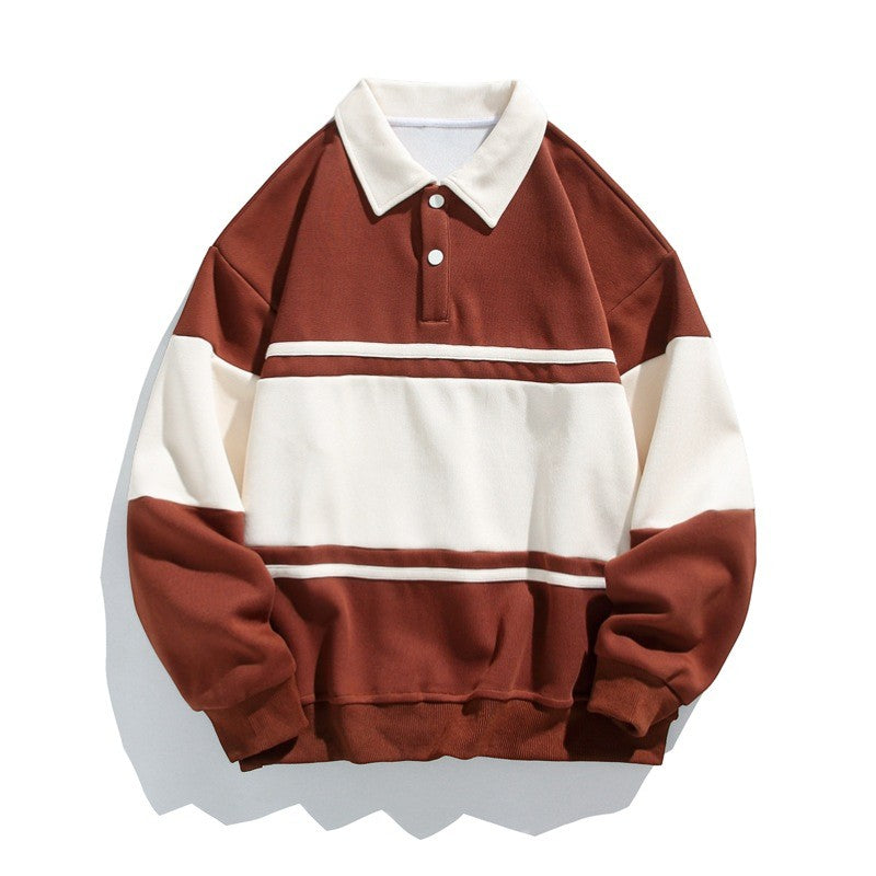 Men's Striped Polo Collar Sweatshirt - Relaxed Fit