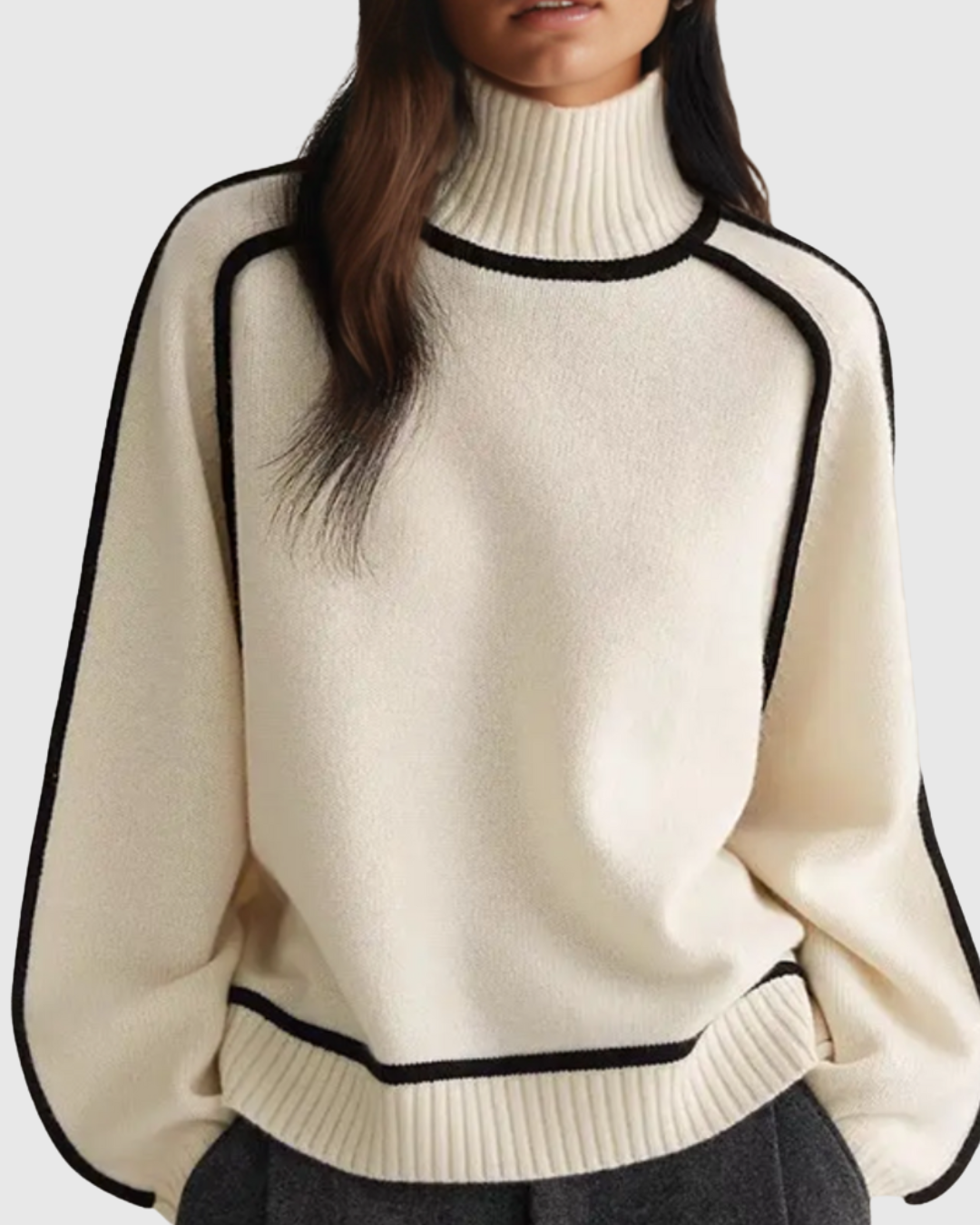 Women’s Warm Oversized Turtleneck Jumper – Contrast Trim