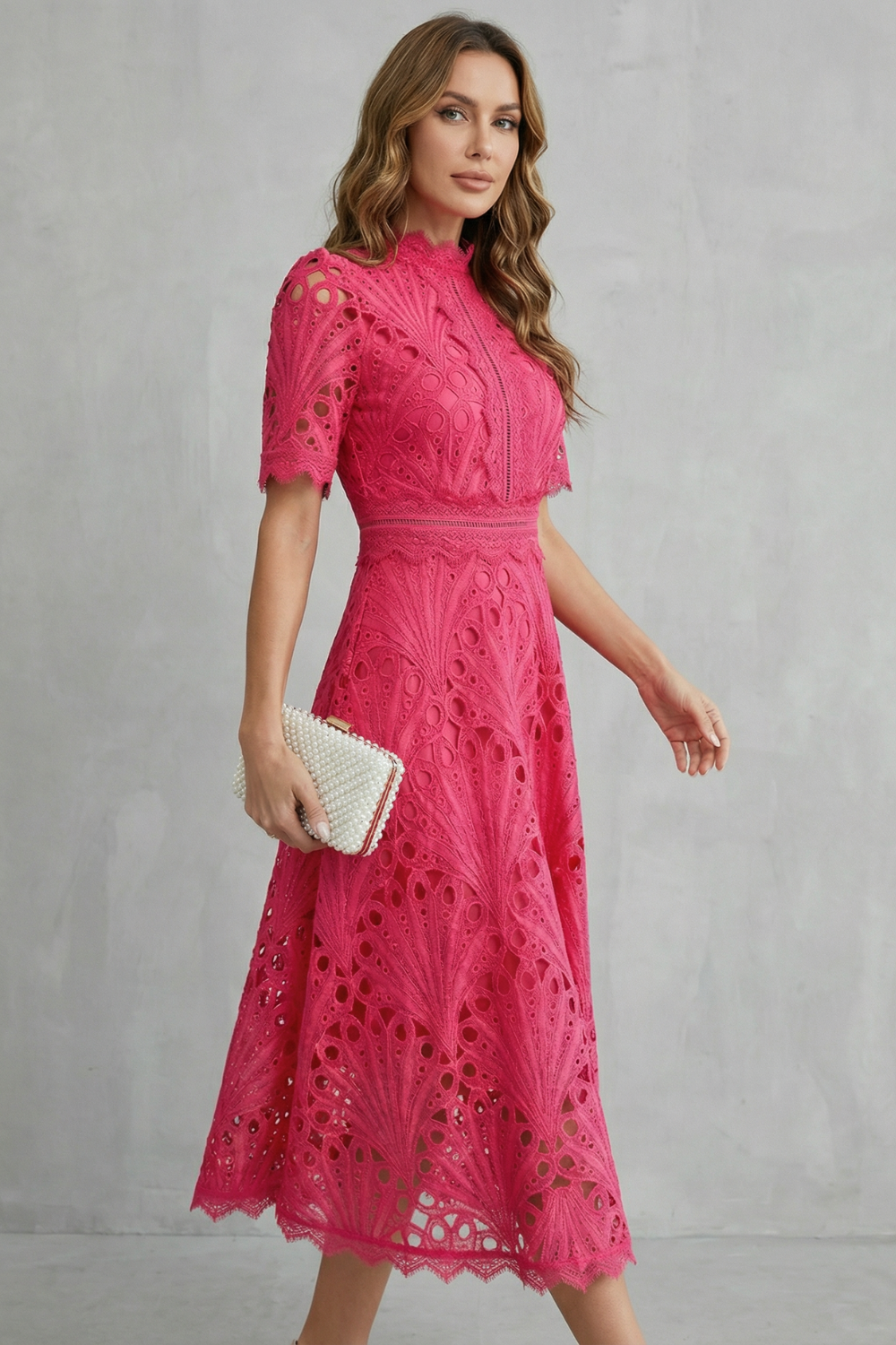 Women's High Neck Lace Midi Dress – Elegant A-Line Occasion Style