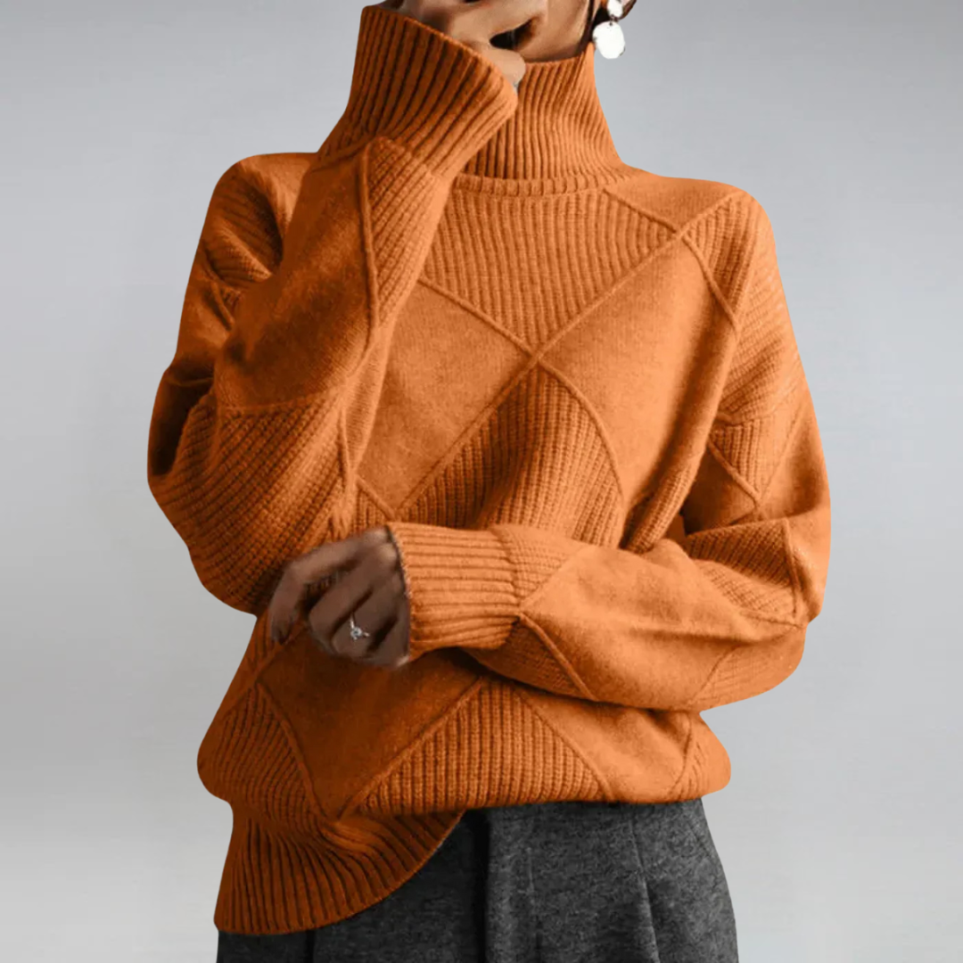 Women’s Turtleneck Knit Jumper – Geometric Textured Design