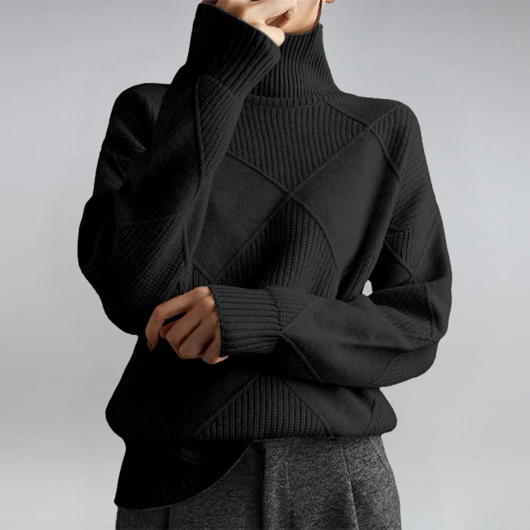 Women’s Turtleneck Knit Jumper – Geometric Textured Design