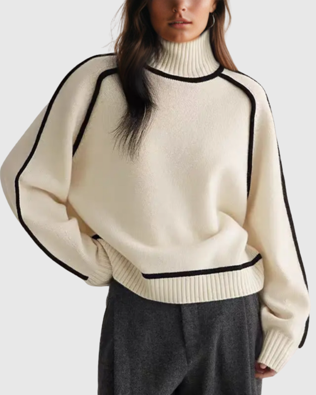 Women’s Warm Oversized Turtleneck Jumper – Contrast Trim