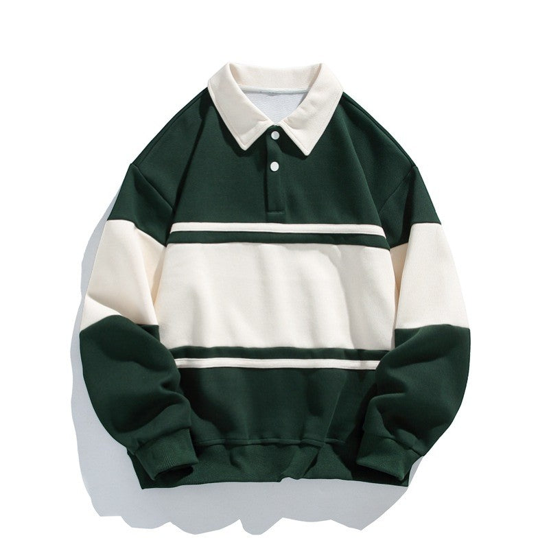 Men's Striped Polo Collar Sweatshirt - Relaxed Fit