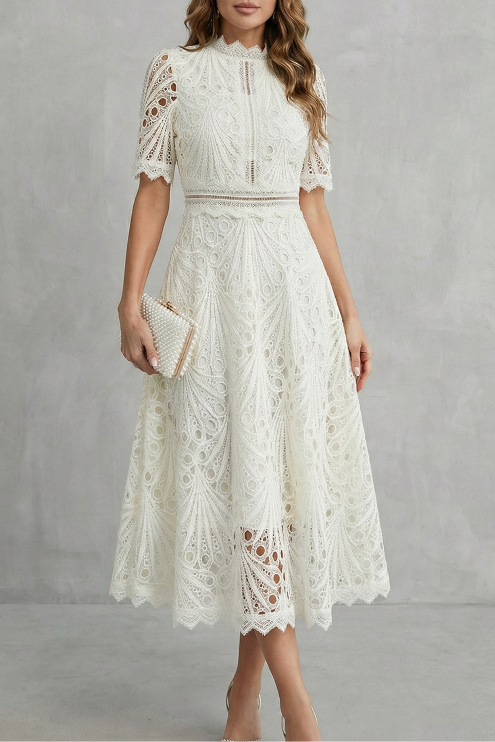 Women's High Neck Lace Midi Dress – Elegant A-Line Occasion Style