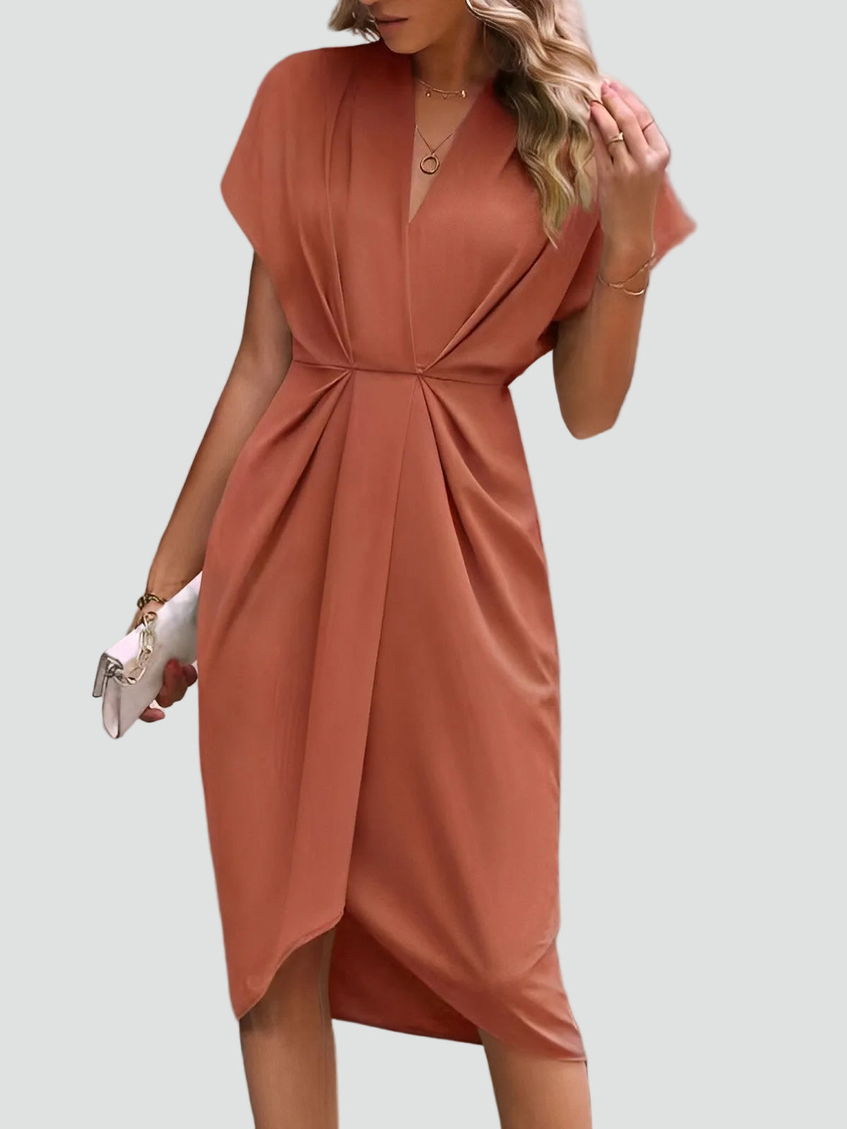 Women's Draped Wrap Midi Dress – Elegant Ruched Occasion Style