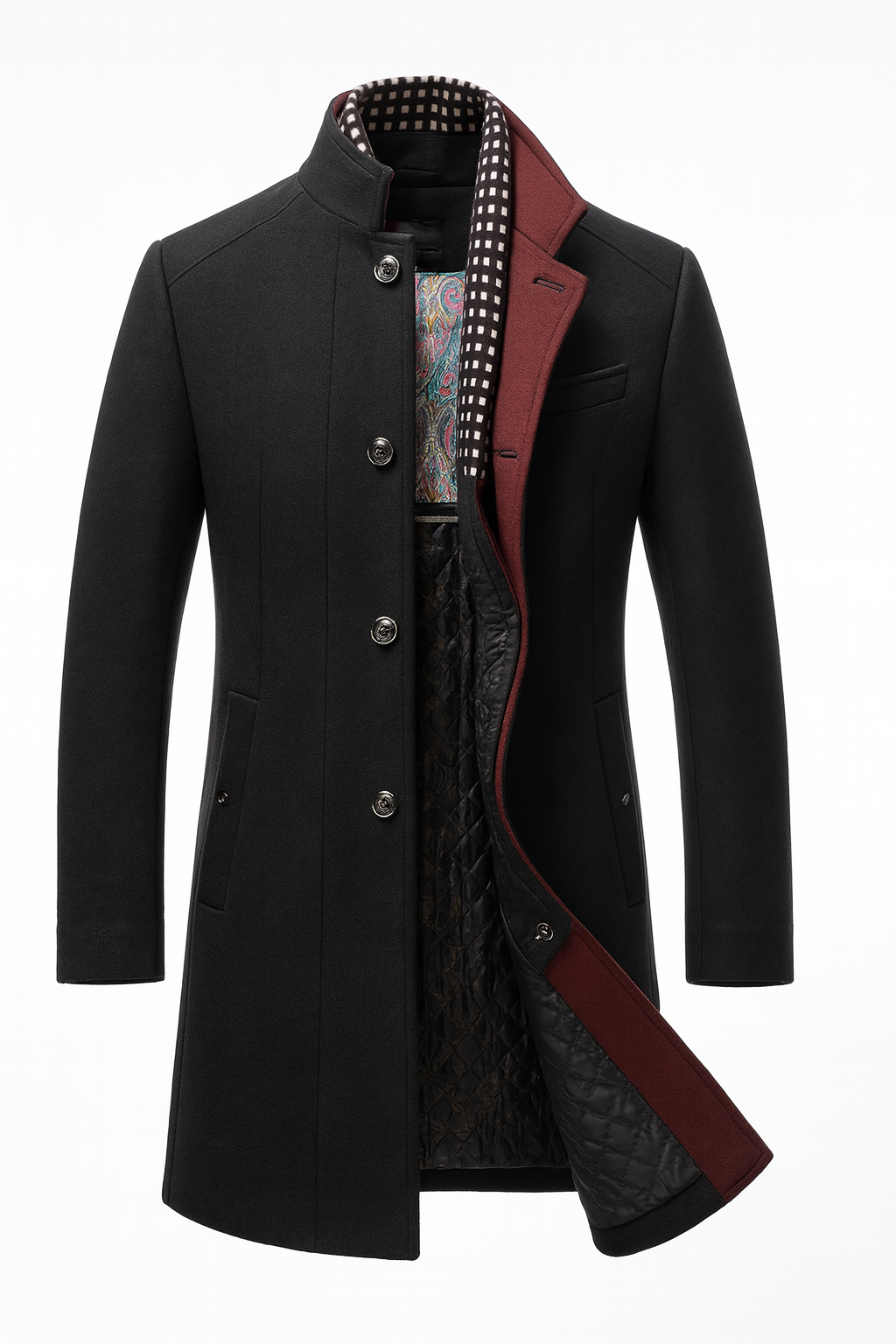 Men's Wool Blend Overcoat – Stand Collar Winter Design