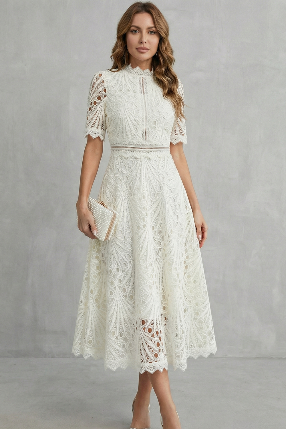 Women's High Neck Lace Midi Dress – Elegant A-Line Occasion Style