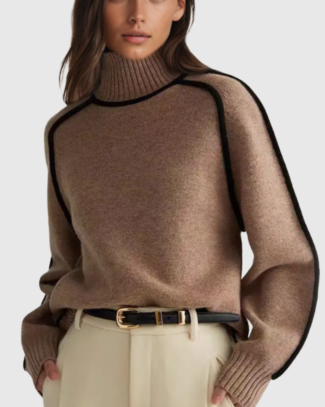 Women’s Warm Oversized Turtleneck Jumper – Contrast Trim