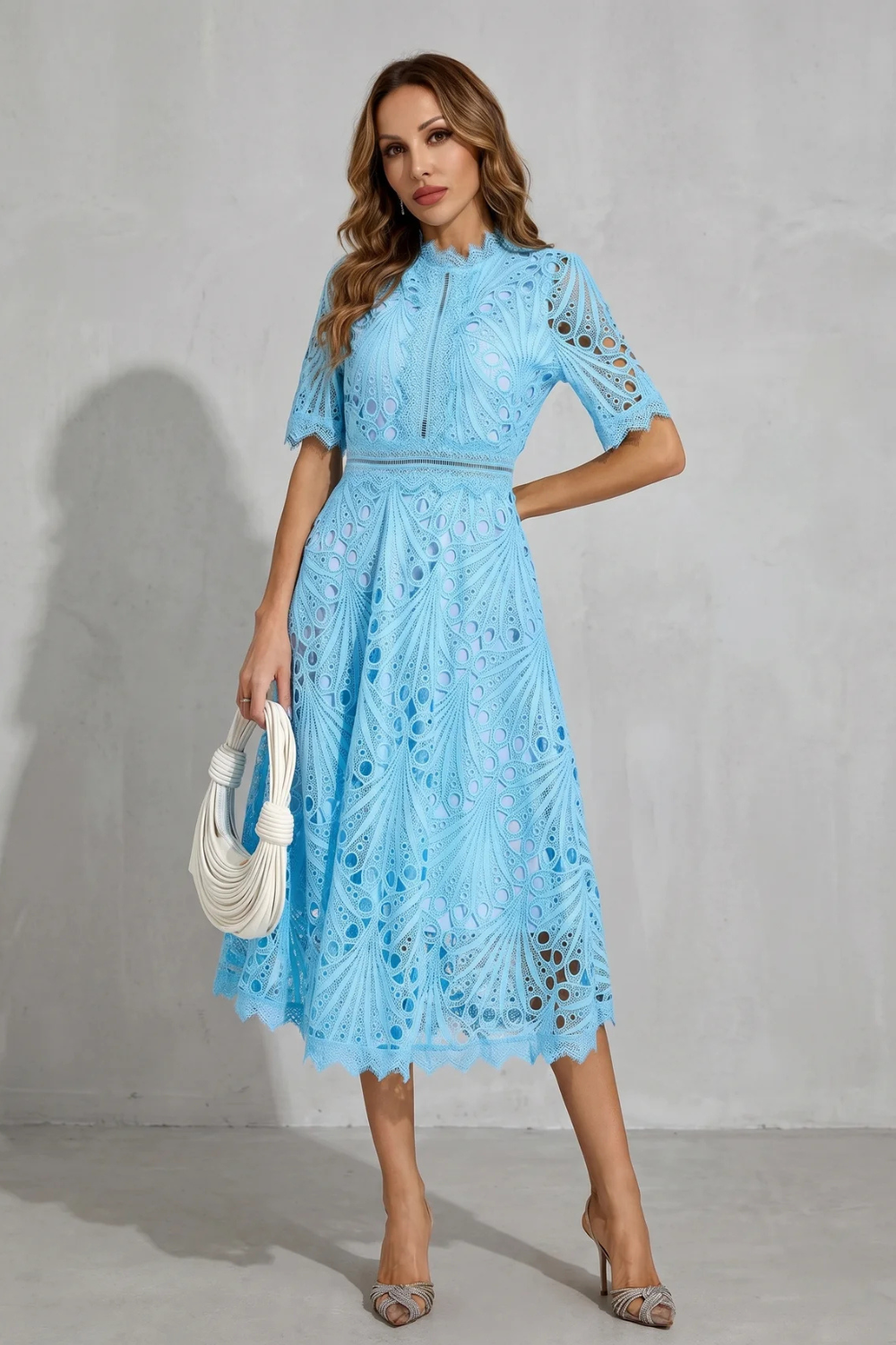 Women's High Neck Lace Midi Dress – Elegant A-Line Occasion Style
