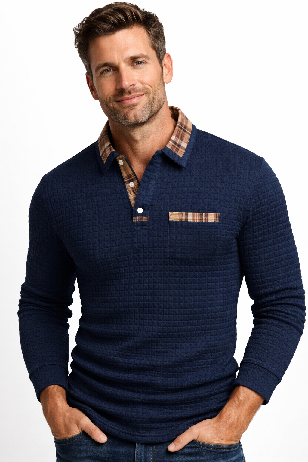 Men's Long Sleeve Polo – Textured Smart Casual Design