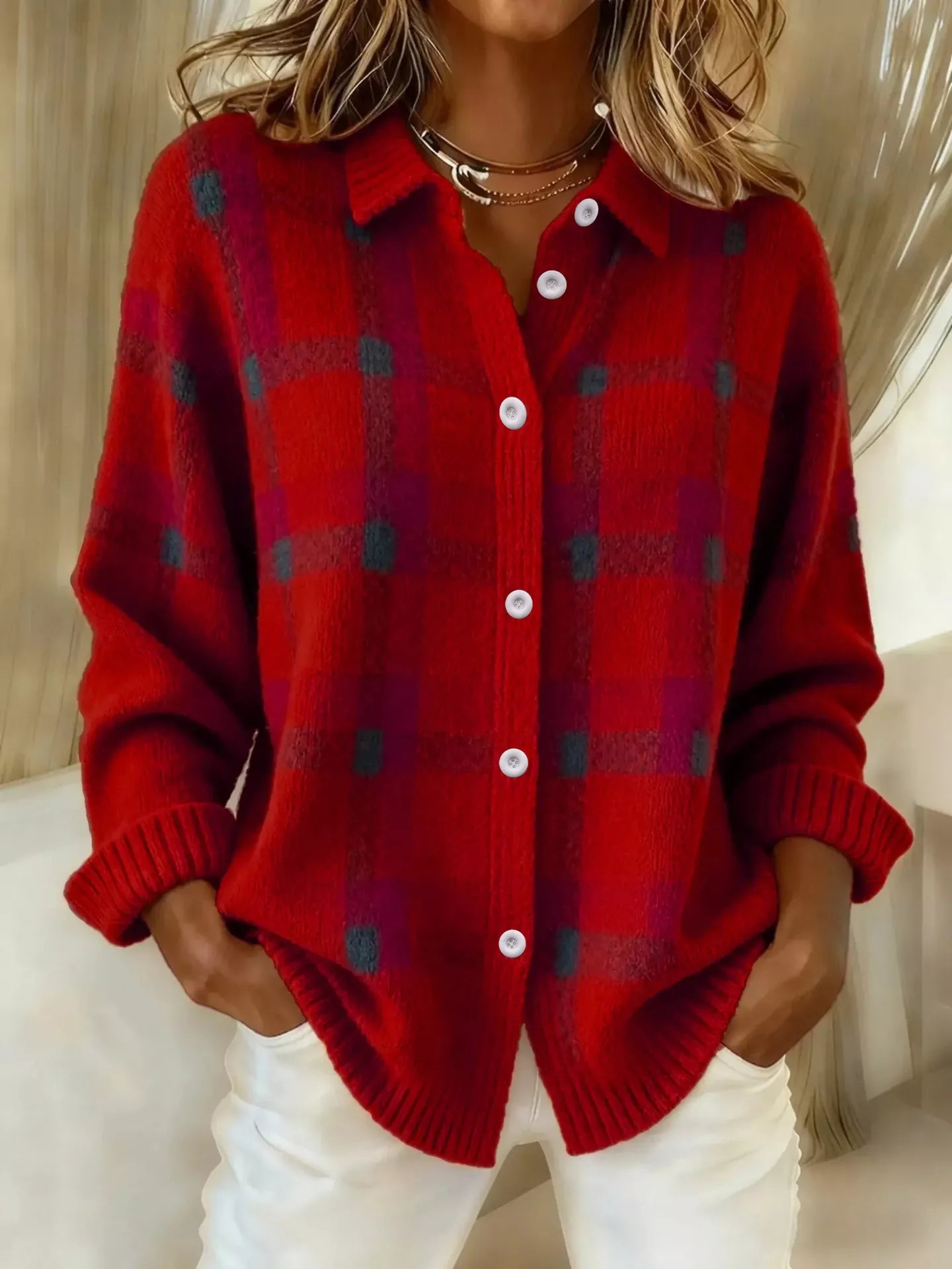 Women's Orange Checked Button-Up Cardigan – Relaxed Knit Jacket