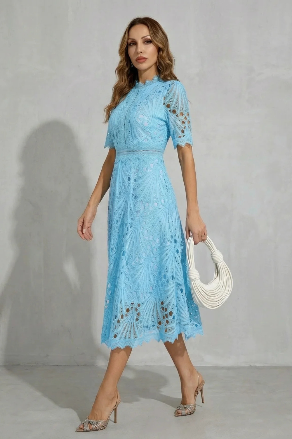 Women's High Neck Lace Midi Dress – Elegant A-Line Occasion Style