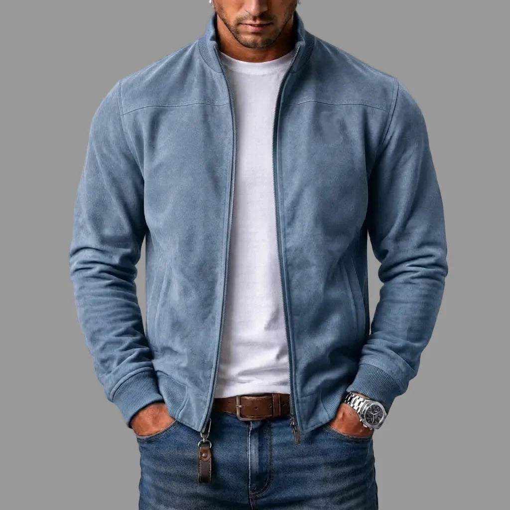 Men's Suede Bomber Jacket – Ribbed Zip-Up Jacket