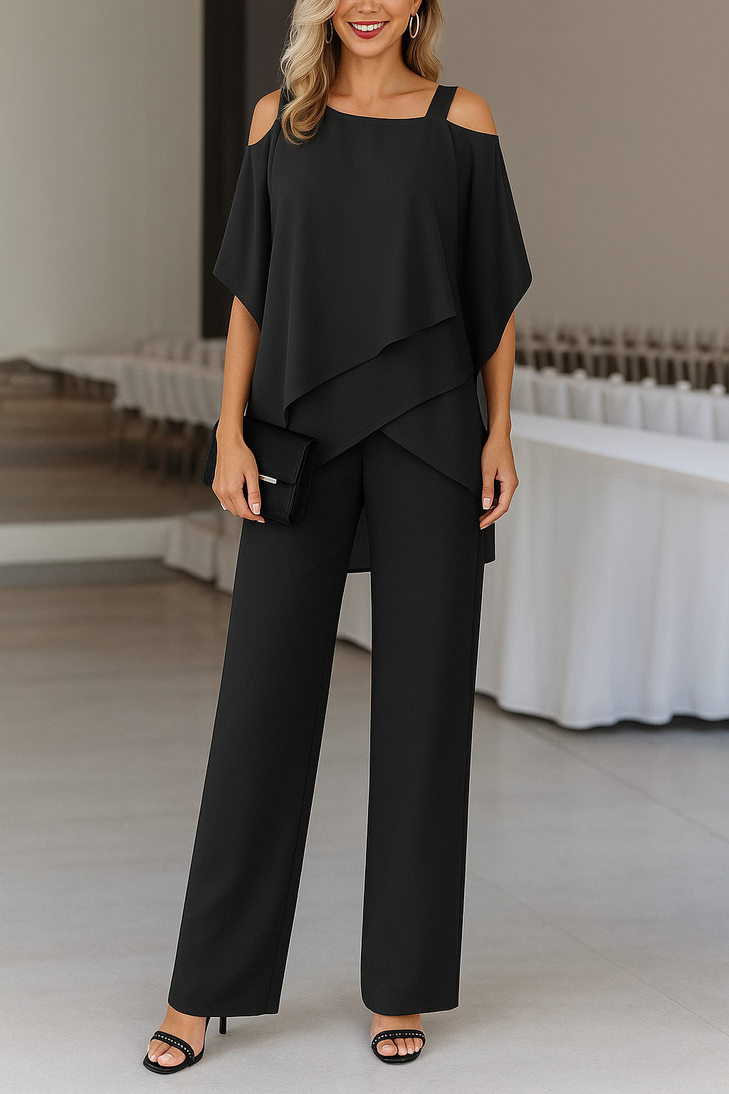Elegant Lightweight Ladies Set with Off-Shoulder Top and Wide Trousers
