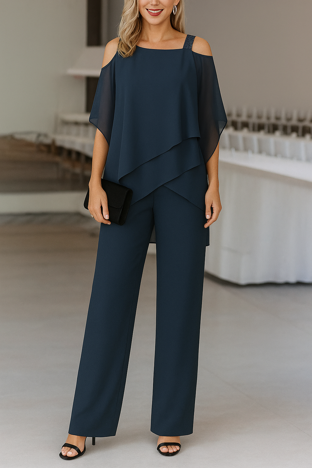 Elegant Lightweight Ladies Set with Off-Shoulder Top and Wide Trousers