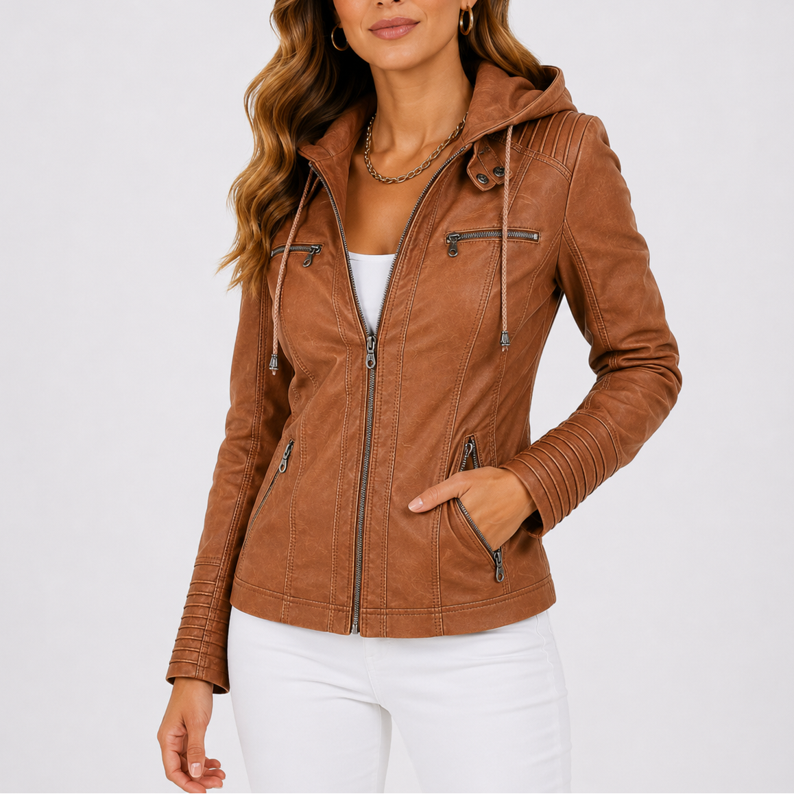 Women's Hooded Faux Leather Jacket with Zip Pockets