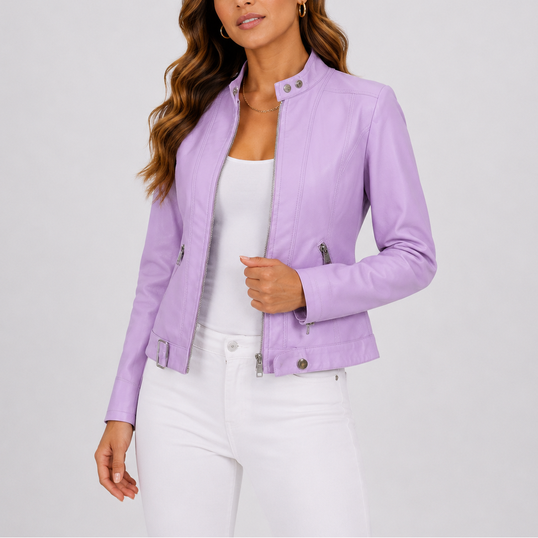 Women's Classic Leather Jacket with Zip Pockets