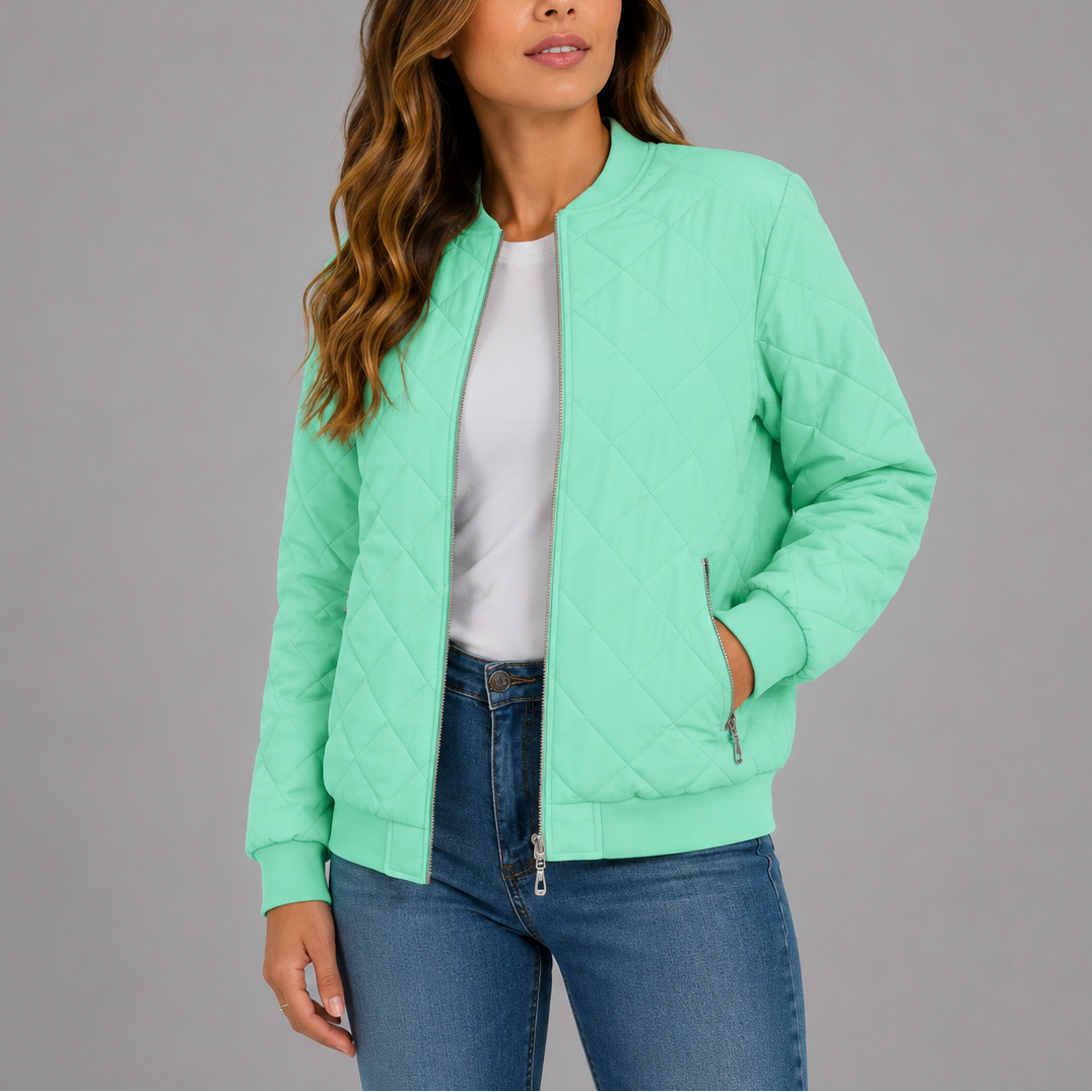Women's Classic Quilted Bomber Jacket with Pockets