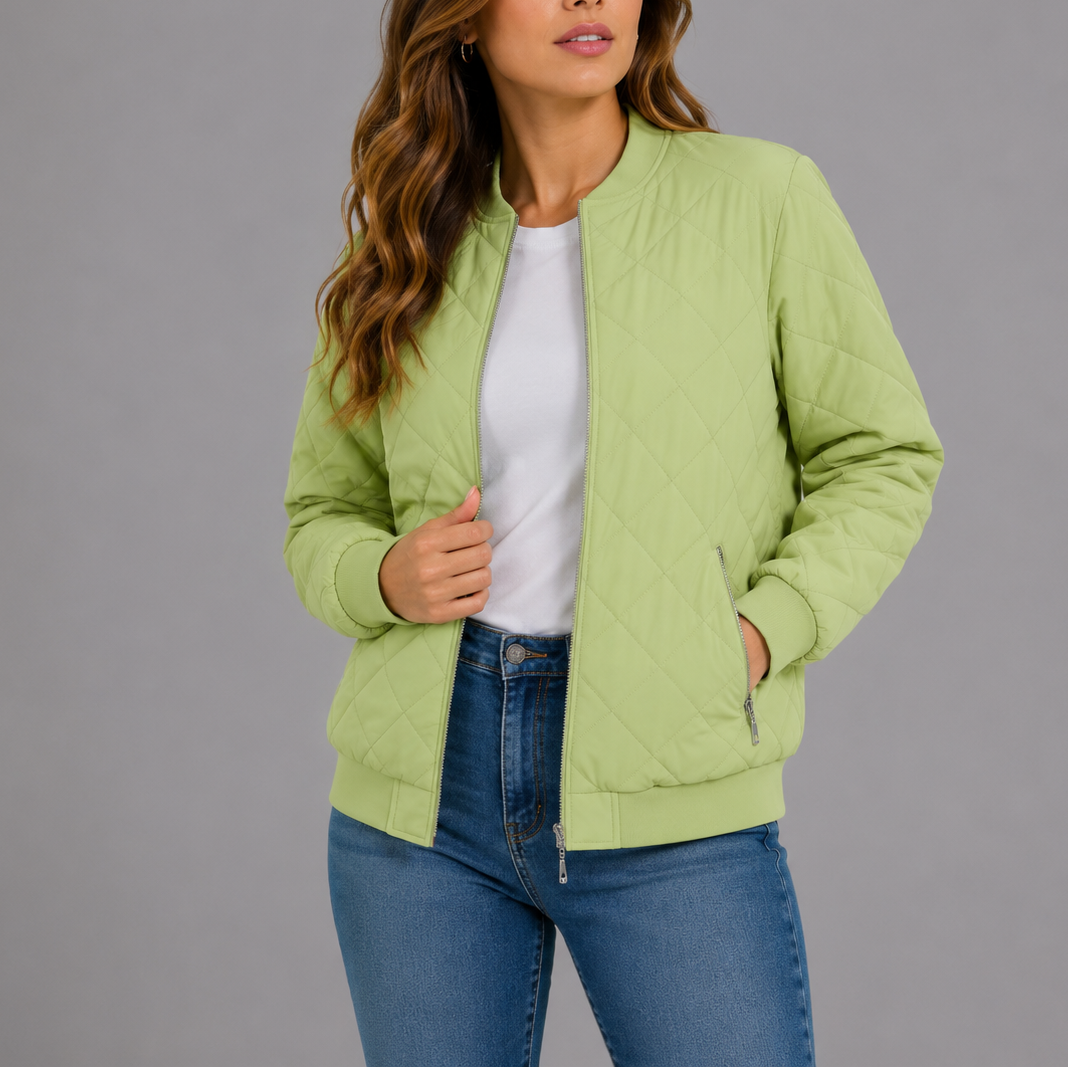 Women's Classic Quilted Bomber Jacket with Pockets