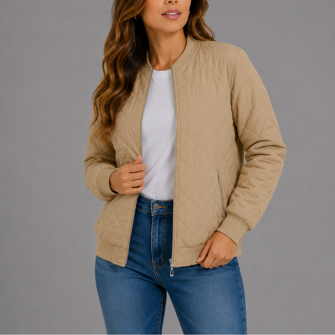 Women's Classic Quilted Bomber Jacket with Pockets