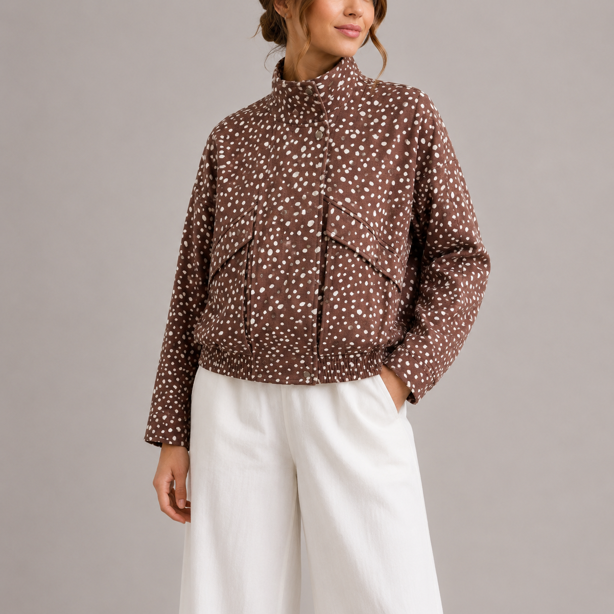 Women's Brown Polka Dot Cropped Bomber Jacket with High Neck