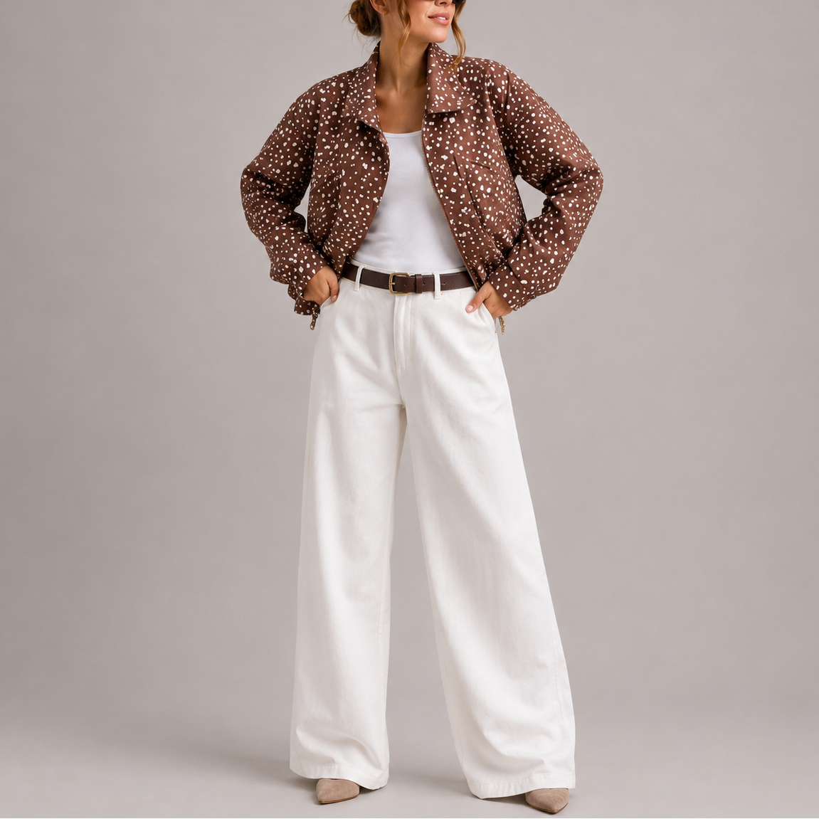 Women's Brown Polka Dot Cropped Bomber Jacket with High Neck
