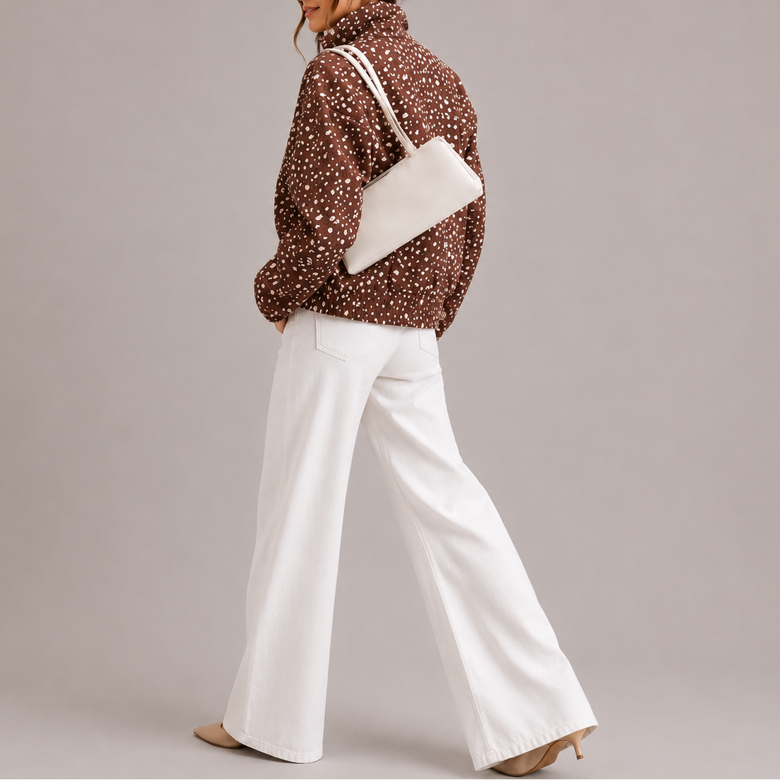 Women's Brown Polka Dot Cropped Bomber Jacket with High Neck