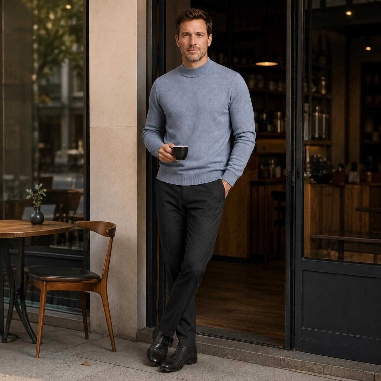 Men's Fine Knit Roll Neck Jumper - Long-Sleeve Pullover