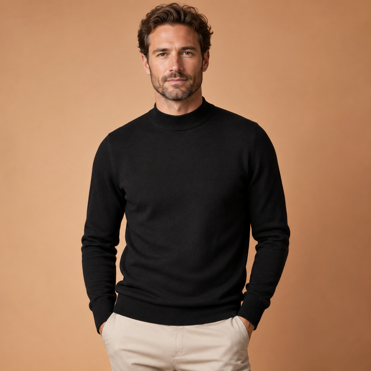 Men's Fine Knit Roll Neck Jumper - Long-Sleeve Pullover